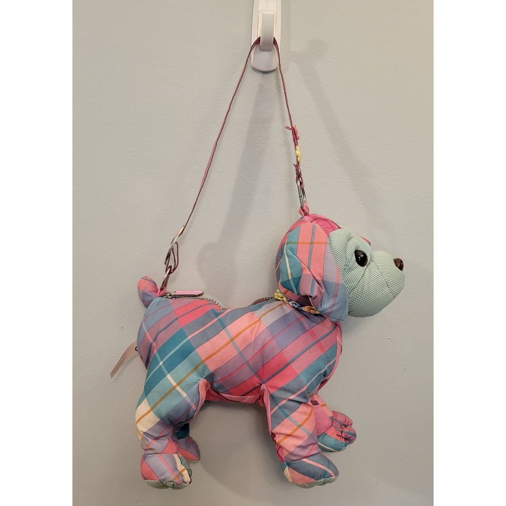 2007 Commonwealth Puparazzi Plaid Dog Plush Purse Pastel Pink Puppy Bag 11" Y2K